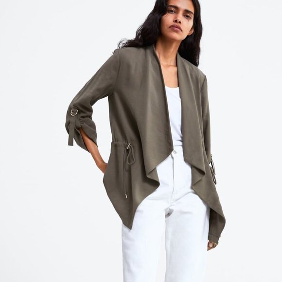 Zara Basic Waterfall Open Front Utiilty Jacket In Olive Green Size M EUC - Picture 4 of 15